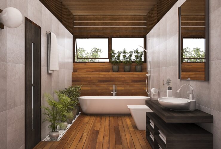 3D rendering contemporary wood bathroom with plants