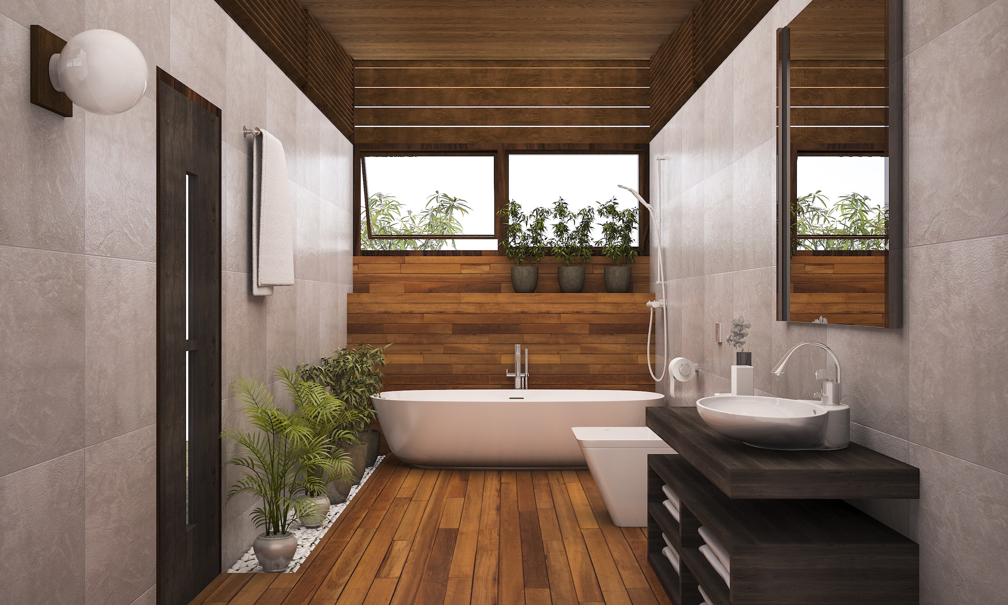 3D rendering contemporary wood bathroom with plants