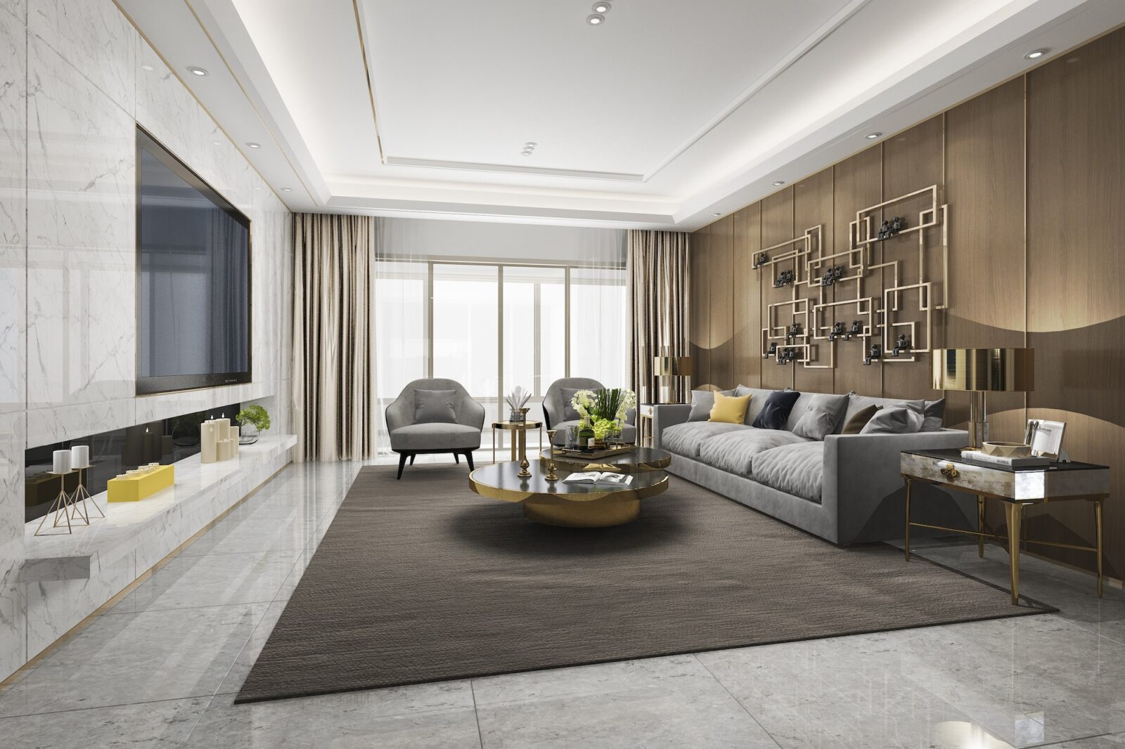3d rendering loft luxury living room with bookshelf