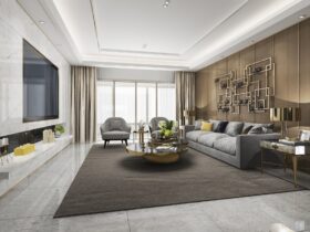 3d rendering loft luxury living room with bookshelf