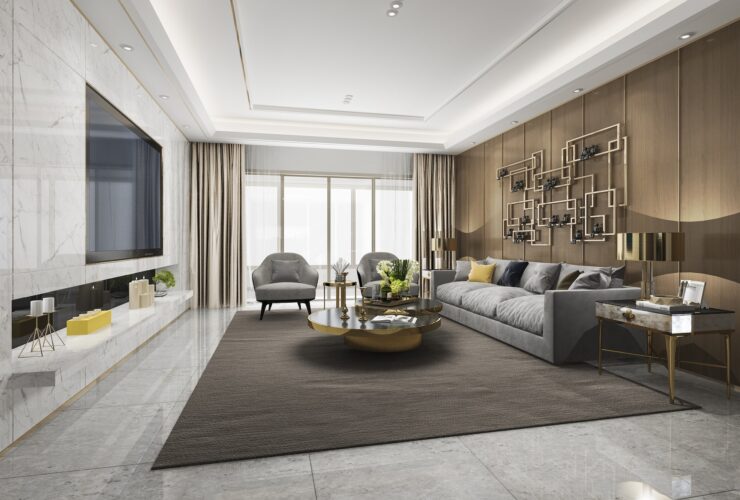 3d rendering loft luxury living room with bookshelf