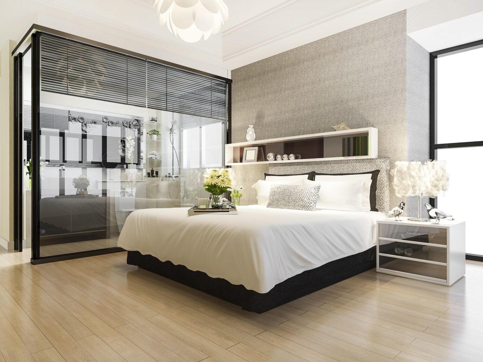 3d rendering modern luxury bedroom suite and bathroom
