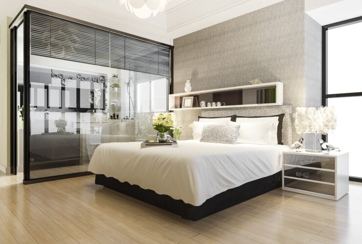 3d rendering modern luxury bedroom suite and bathroom