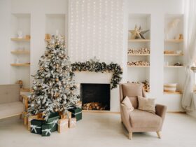 Christmas tree in the home Christmas interior.Decorated Christmas photo zone
