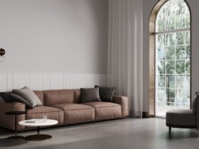 Modern beige interior with modern furniture, 3d render