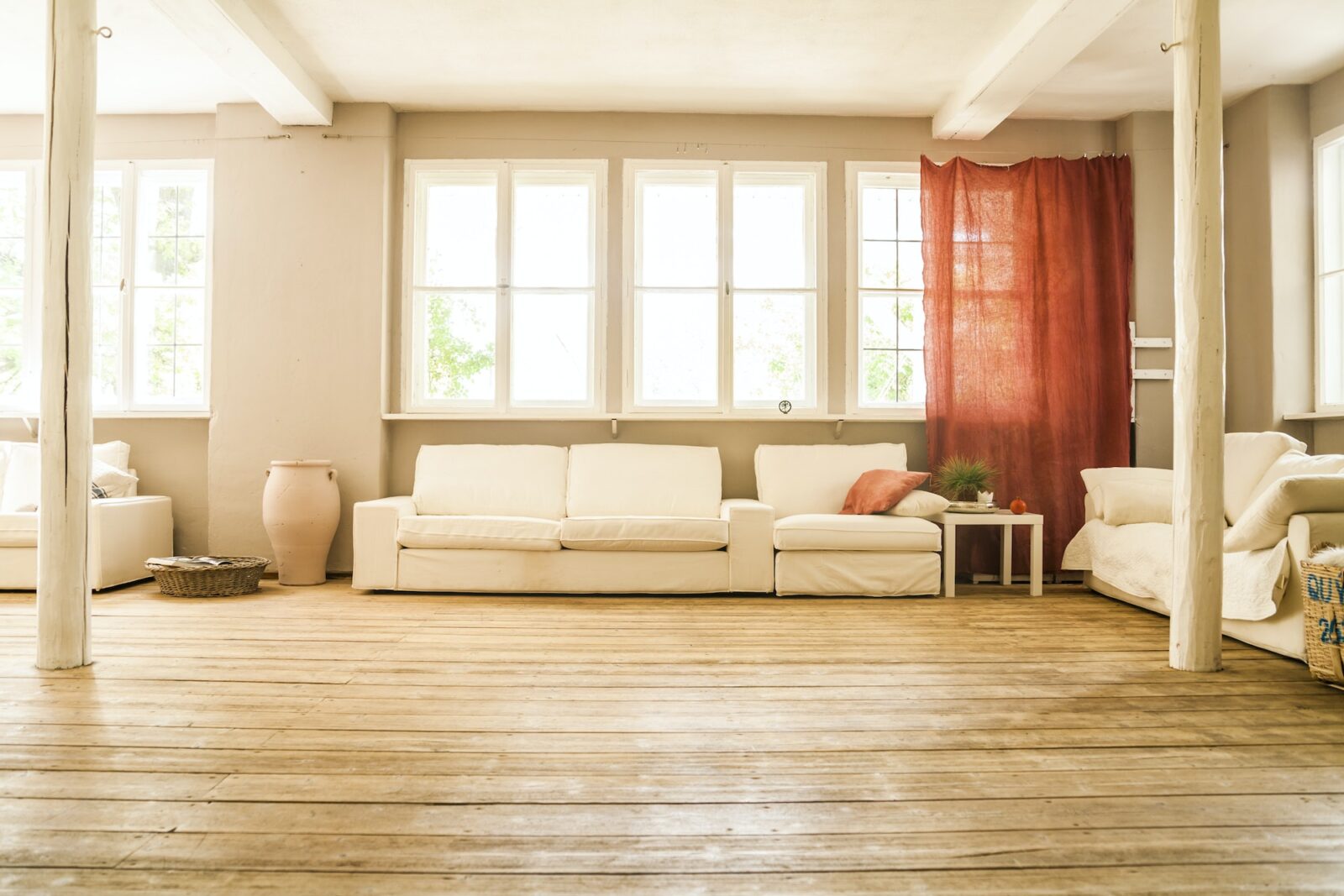 Spacious living room with wooden floor