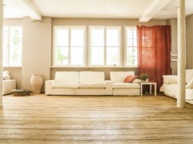 Spacious living room with wooden floor