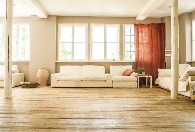 Spacious living room with wooden floor