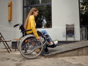 Disabled Student In Wheelchair At The Ramp In Cafe