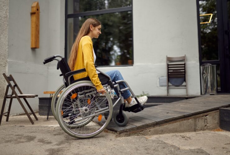 Disabled Student In Wheelchair At The Ramp In Cafe