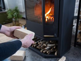 Hands kindle the hearth with economical briquettes