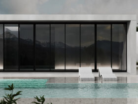 Minimalist modern white house exterior with swimming pool terrace