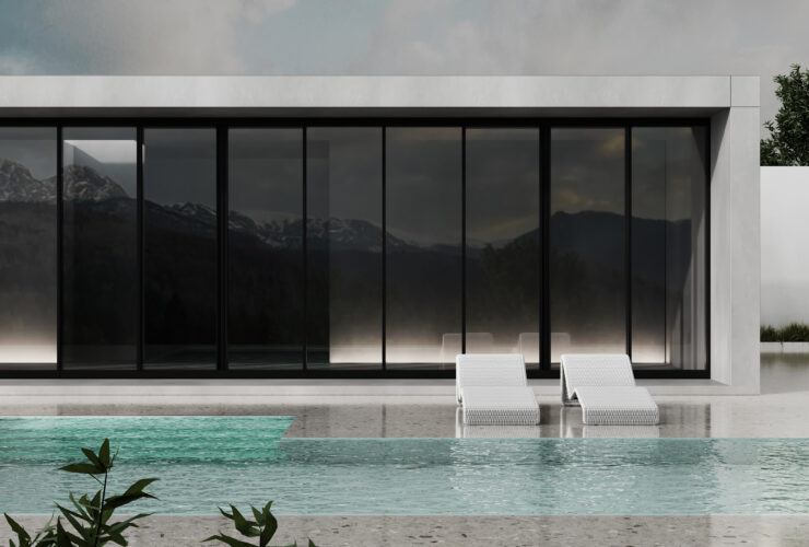 Minimalist modern white house exterior with swimming pool terrace