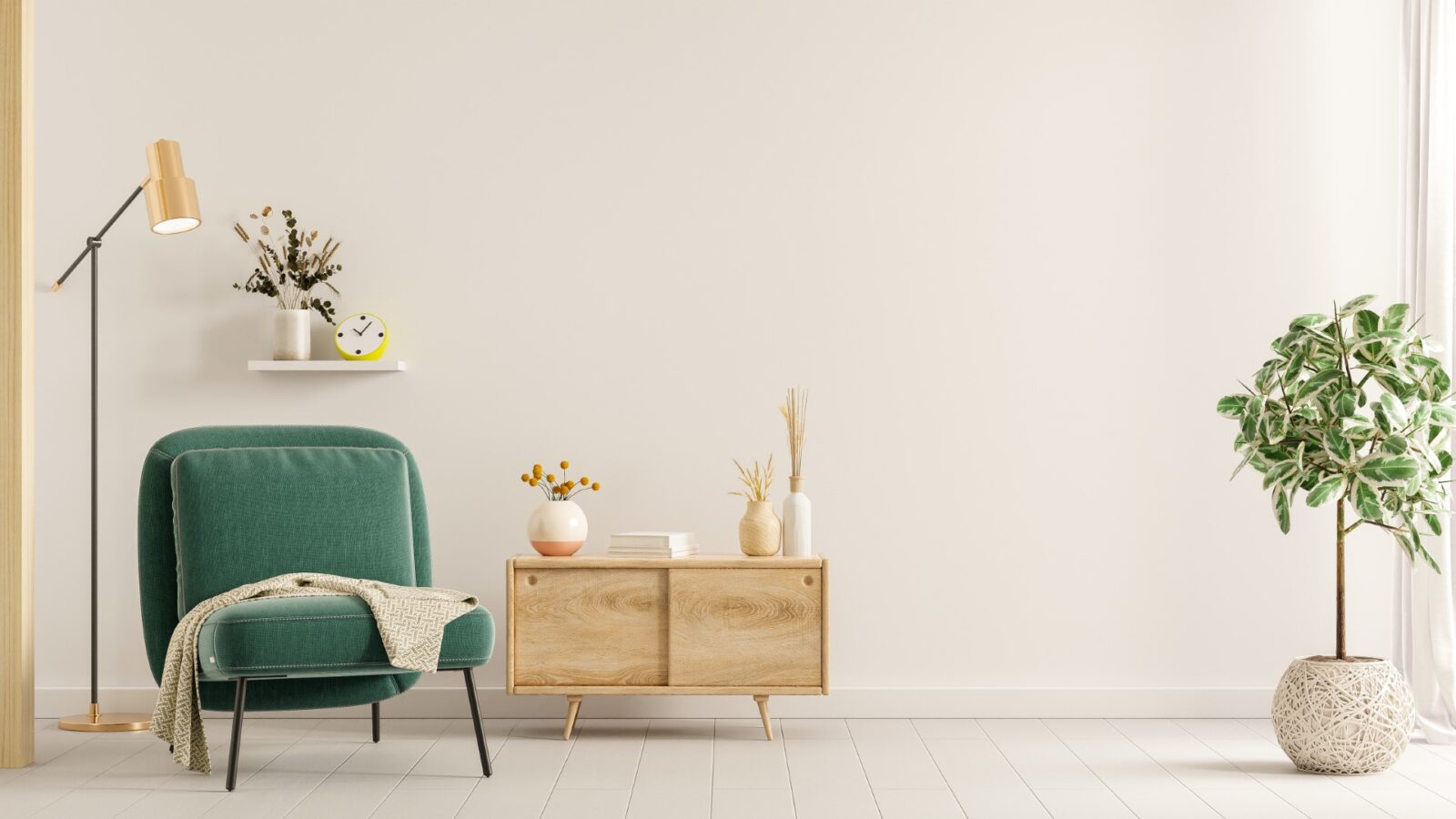 Wall Mock Up In Warm Tones With Green Armchair And 2023 10 24 04 33 08 Utc