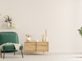 Wall Mock Up In Warm Tones With Green Armchair And 2023 10 24 04 33 08 Utc