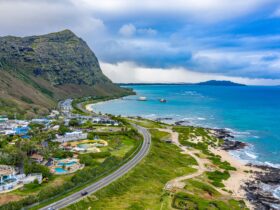 Aerial view of the azure water by the shore in Oahu, Hawaii