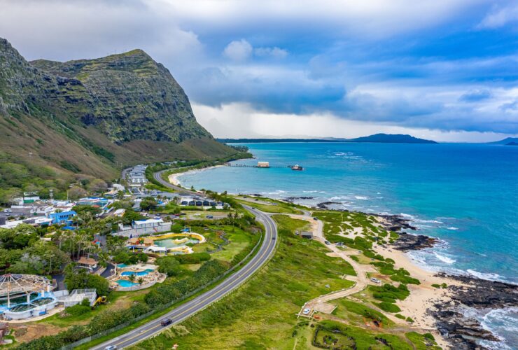 Aerial view of the azure water by the shore in Oahu, Hawaii