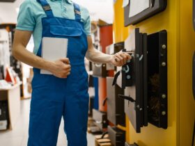 Plumber buying boiler with furnace, plumbering