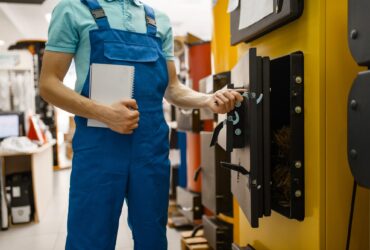 Plumber buying boiler with furnace, plumbering
