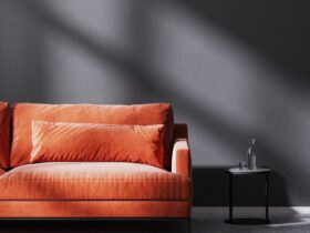 Red Sofa With Black Coffee Table In Empty Room Wit 2023 11 27 04 58 06 Utc