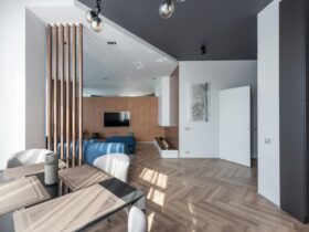 Modern apartment with table near living room