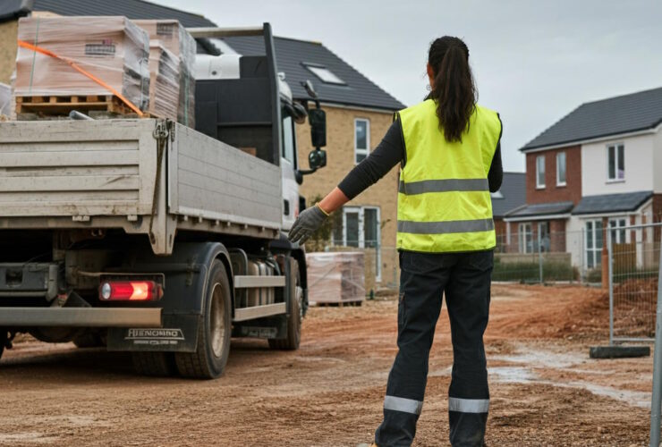Woman Guides A Reversing Truck On A Residential Building Site