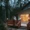 A couple wrapped in a blanket enjoys a winter evening on a forest cabin balcony.