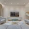 Stylish minimalist living room with modern furniture and warm lighting.