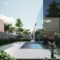 Elegant modern house with glass exterior and pool surrounded by lush greenery, under a clear sky.