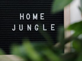 Cozy home decor with 'Home Jungle' sign amidst vibrant green houseplants creating a relaxing indoor atmosphere.
