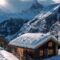 Charming snow-covered chalet set in a serene alpine mountain winter scene.