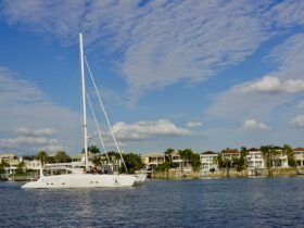 Yacht cruising in scenic Tampa Bay with waterfront homes and clear skies.
