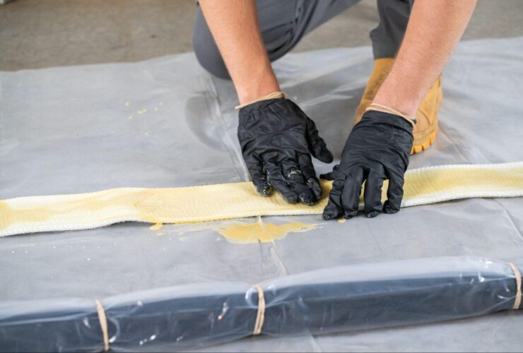 Technician wearing black gloves applying resin to a fiberglass pipe patch during a trenchless CIPP point repair installation.