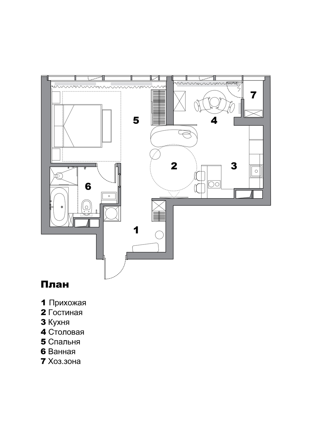 floor plan showing studio apartment layout with seven labeled zones