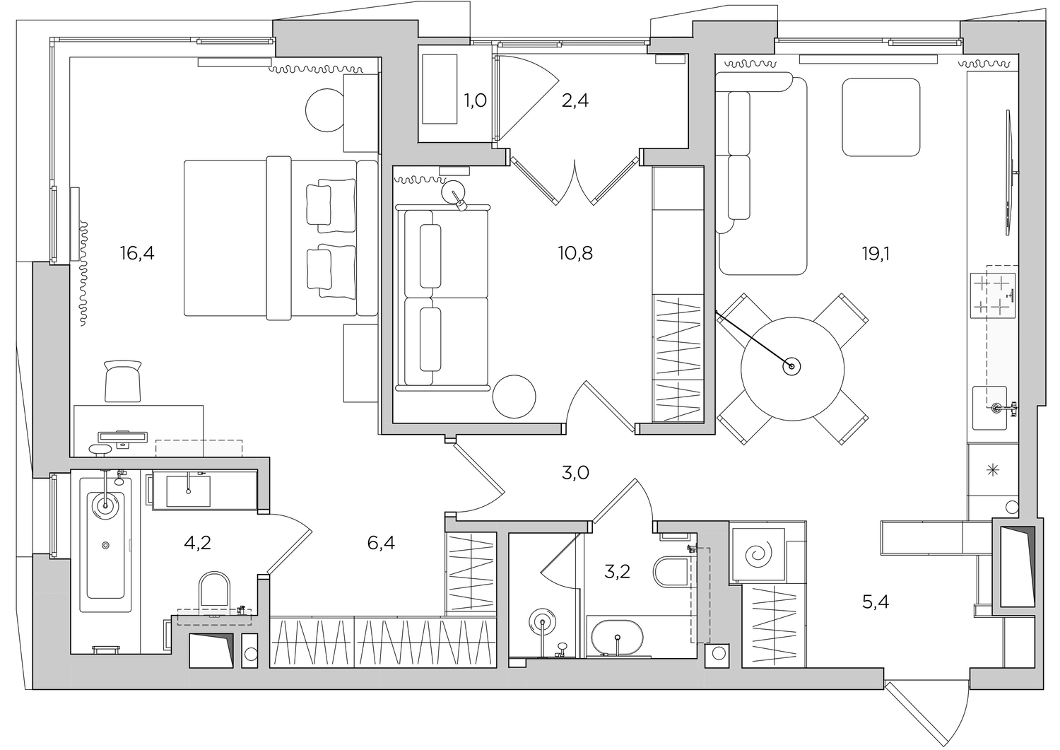 Renovated floor plan with expanded closet, widened bathroom, and open living area