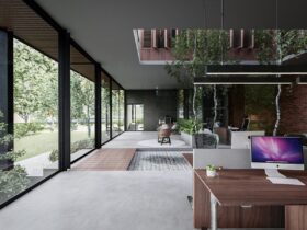 a room with a desk and a laptop on it