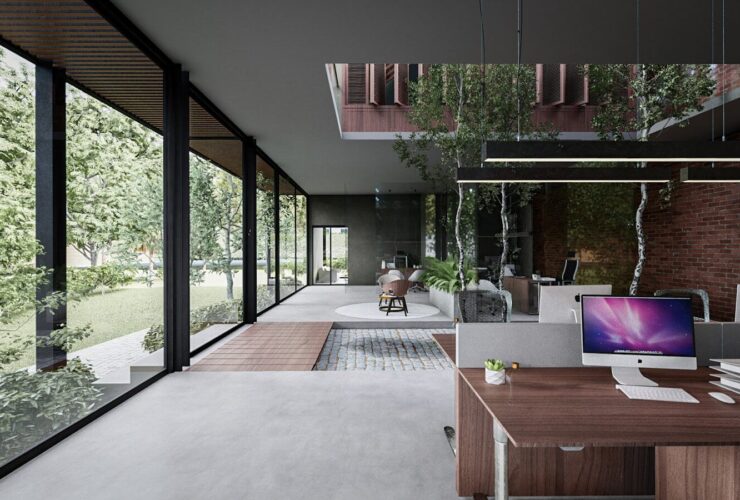 a room with a desk and a laptop on it