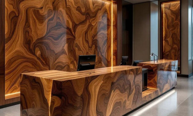 This Photo Shows A Reception Desk That Uses A Unique Monolithic Design.