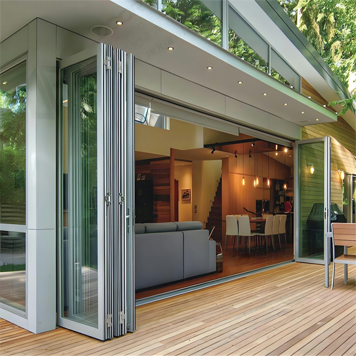 Modern home with folding glass doors opening to deck