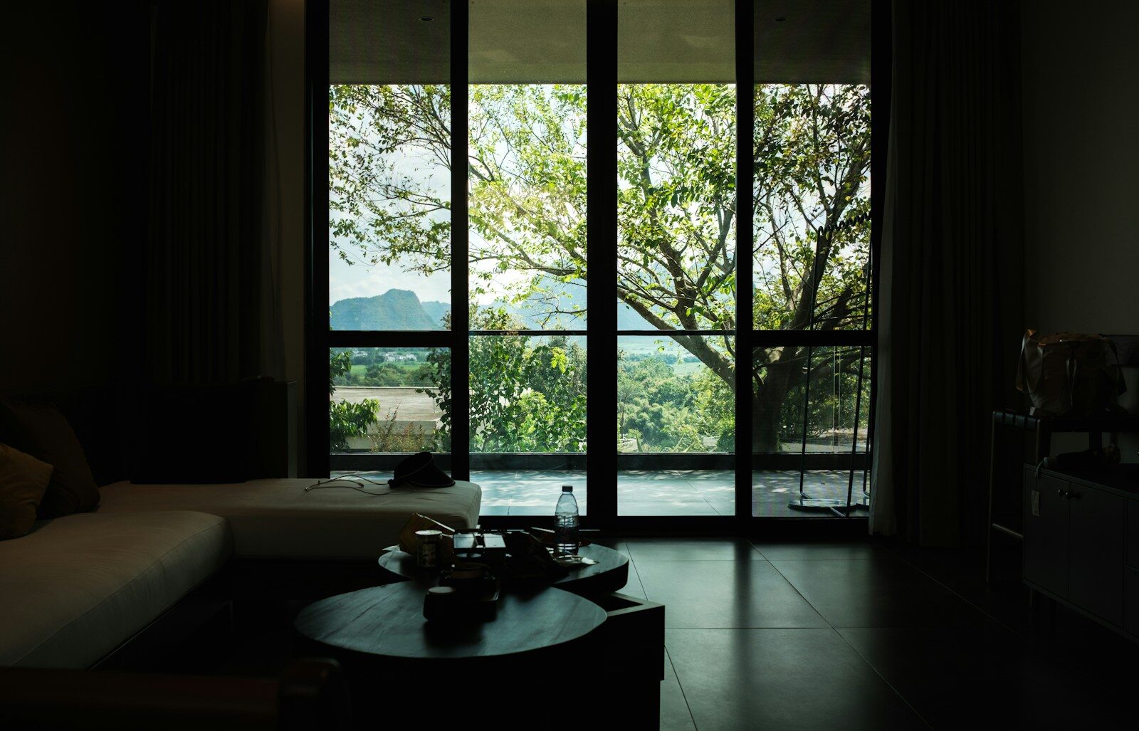 Dark room with large window and nature view